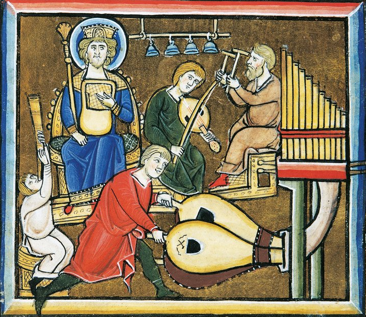 French_School_-_MS_CXXXVII_fol_149r_King_David_holding_the_psalter_and_musicians_playing_from_th_-_(MeisterDrucke-1080863)